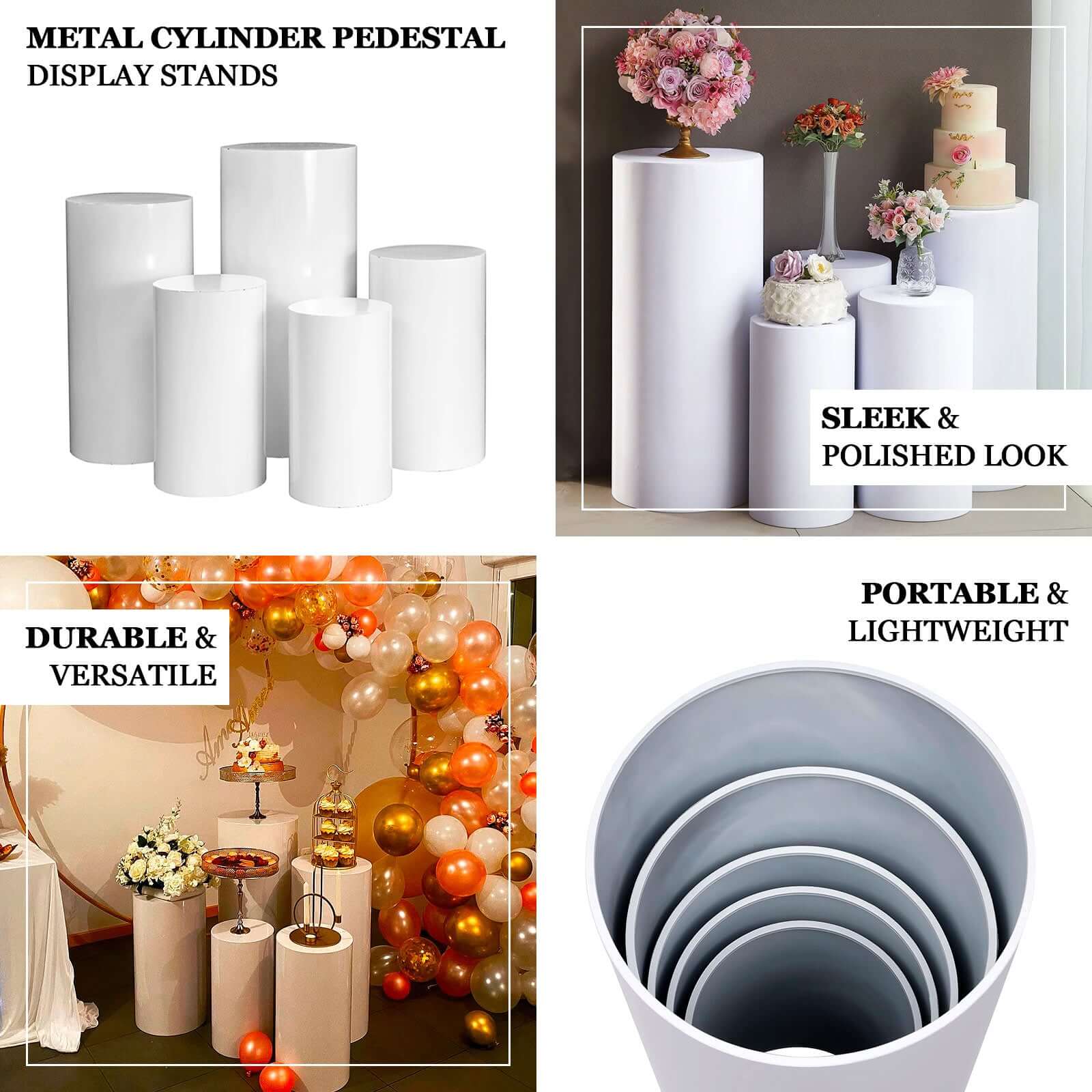 Set of 5 White Metal Cylinder Pillar Prop Stands For Wedding Aisle, Round Plinth Pedestal Display Boxes - 20",22",24",28",32"
