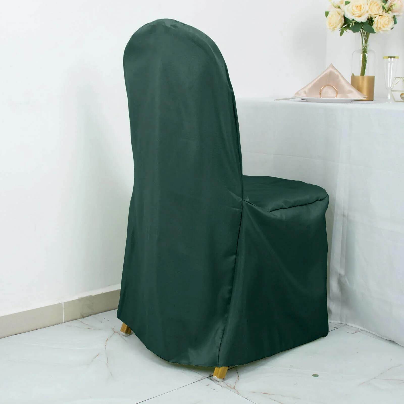 10 Pack Polyester Chair Cover for Banquet Chairs Hunter Emerald Green - Stain-Resistant Reusable Slip-On Slipcover