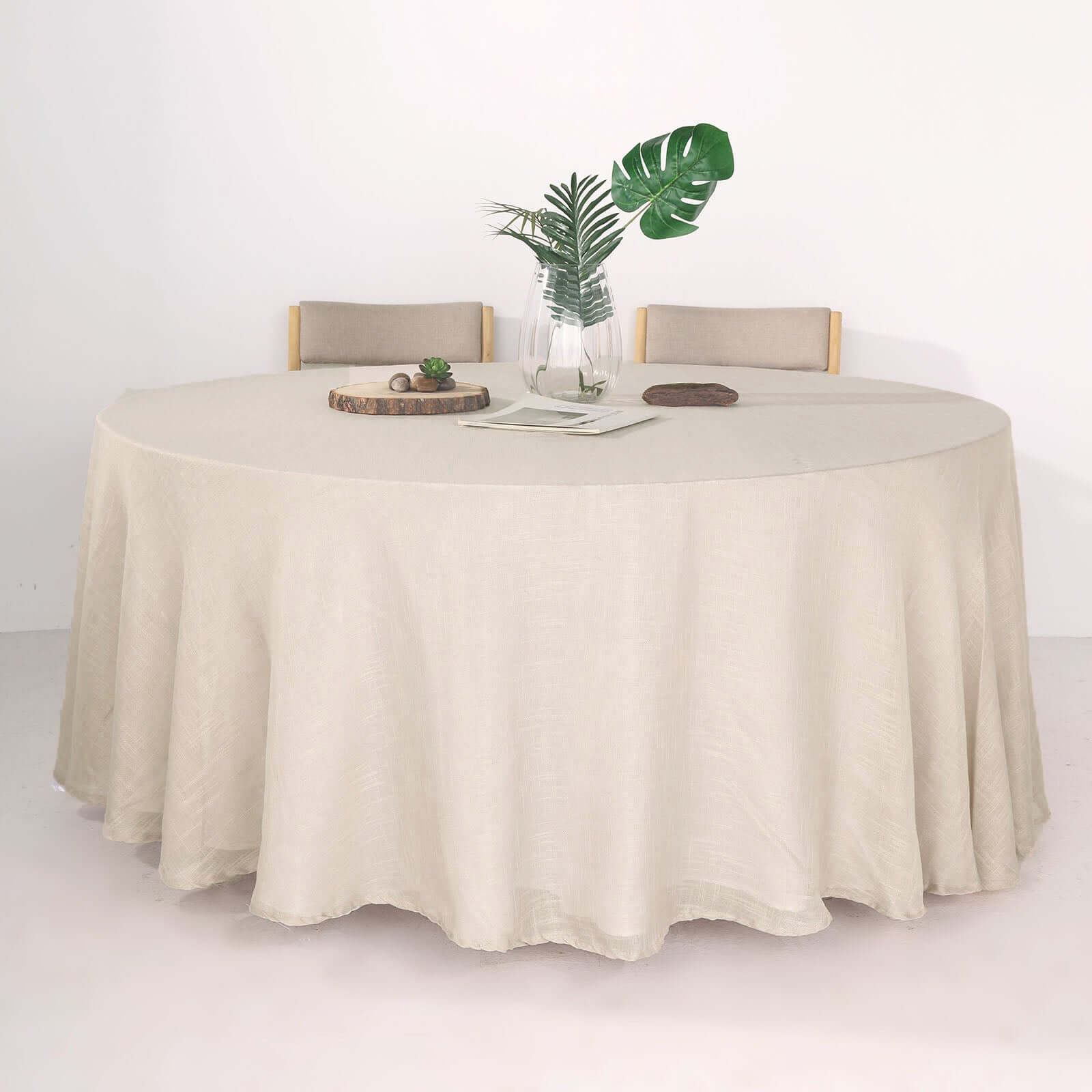 Faux Linen 120" Round Tablecloth Beige - Slubby Texture Wrinkle-Resistant Seamless Table Cover