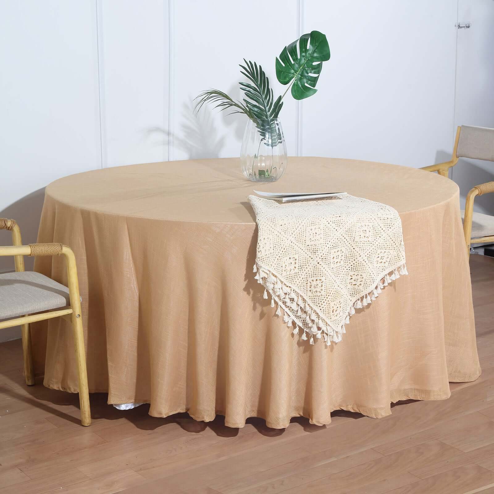 Faux Linen 120" Round Tablecloth Natural - Slubby Texture Wrinkle-Resistant Seamless Table Cover