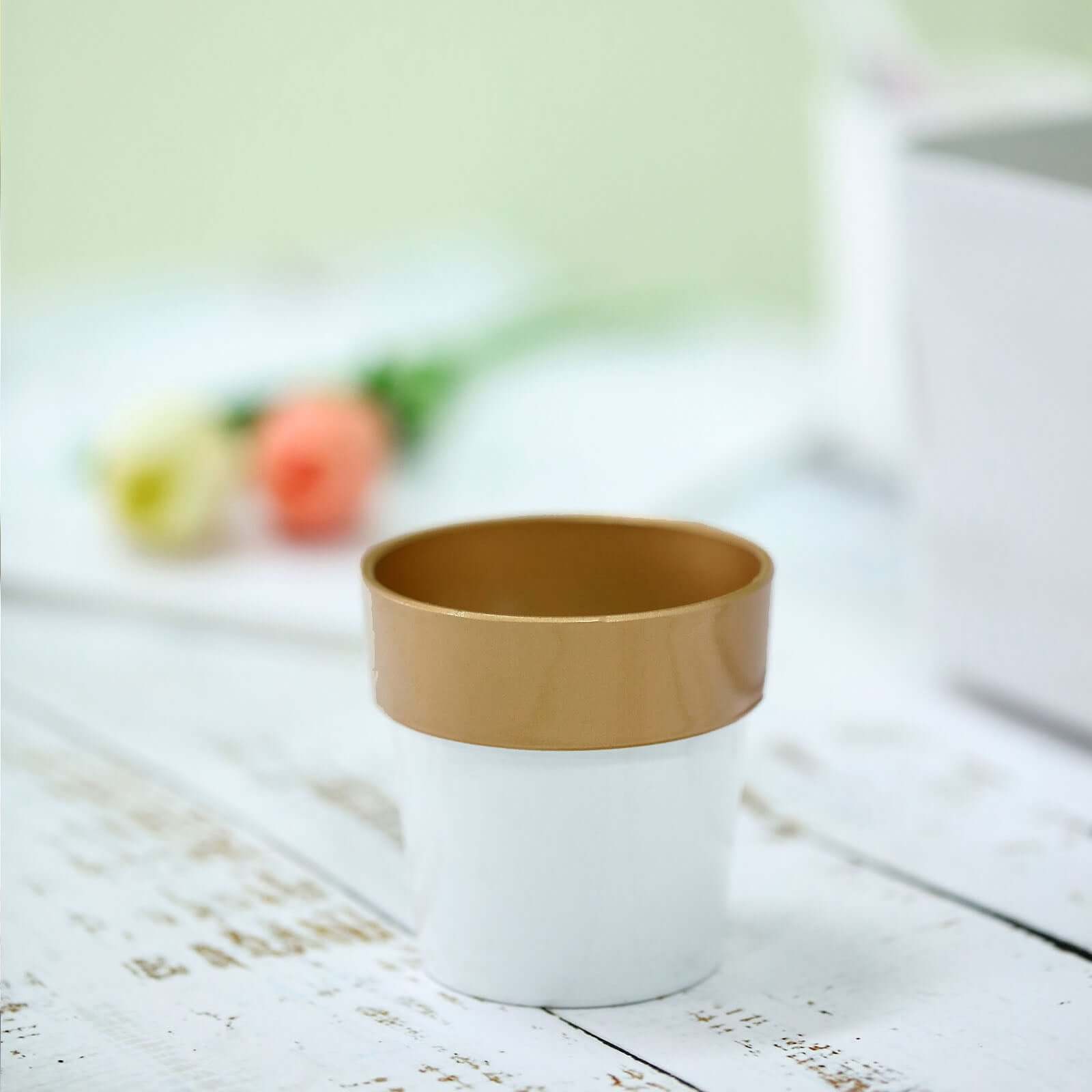 3-Pack Flower Plant Pots Small Design White with Gold Rim - Plastic Indoor Decorative Planters 3"