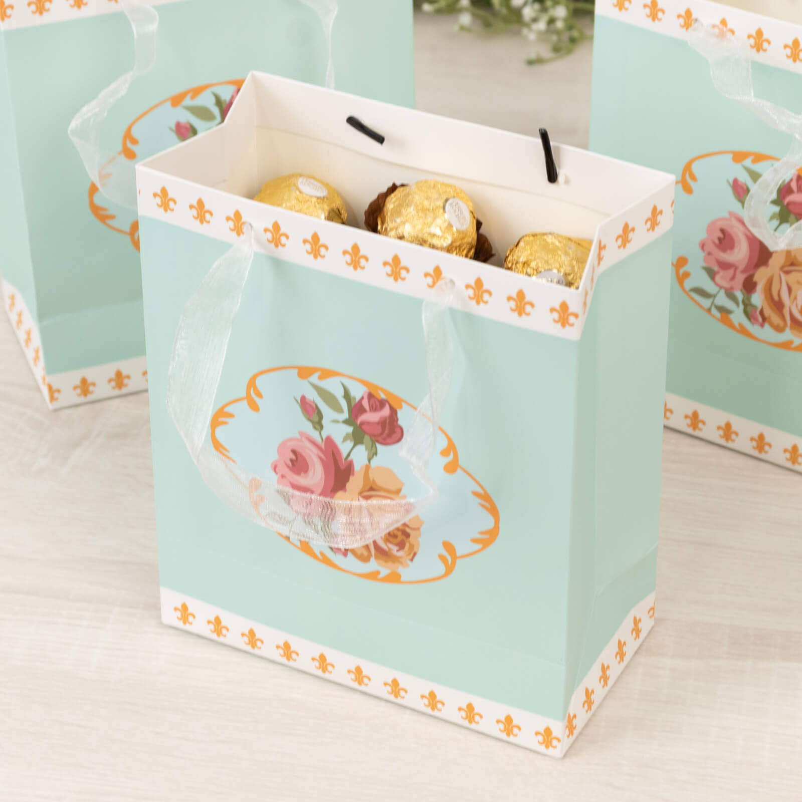 12-Pack Favor Bags Vintage Rose Floral Tea Party, Turquoise Paper Goodie Gift Bags with Ribbon Handles, 6"x7"x3"