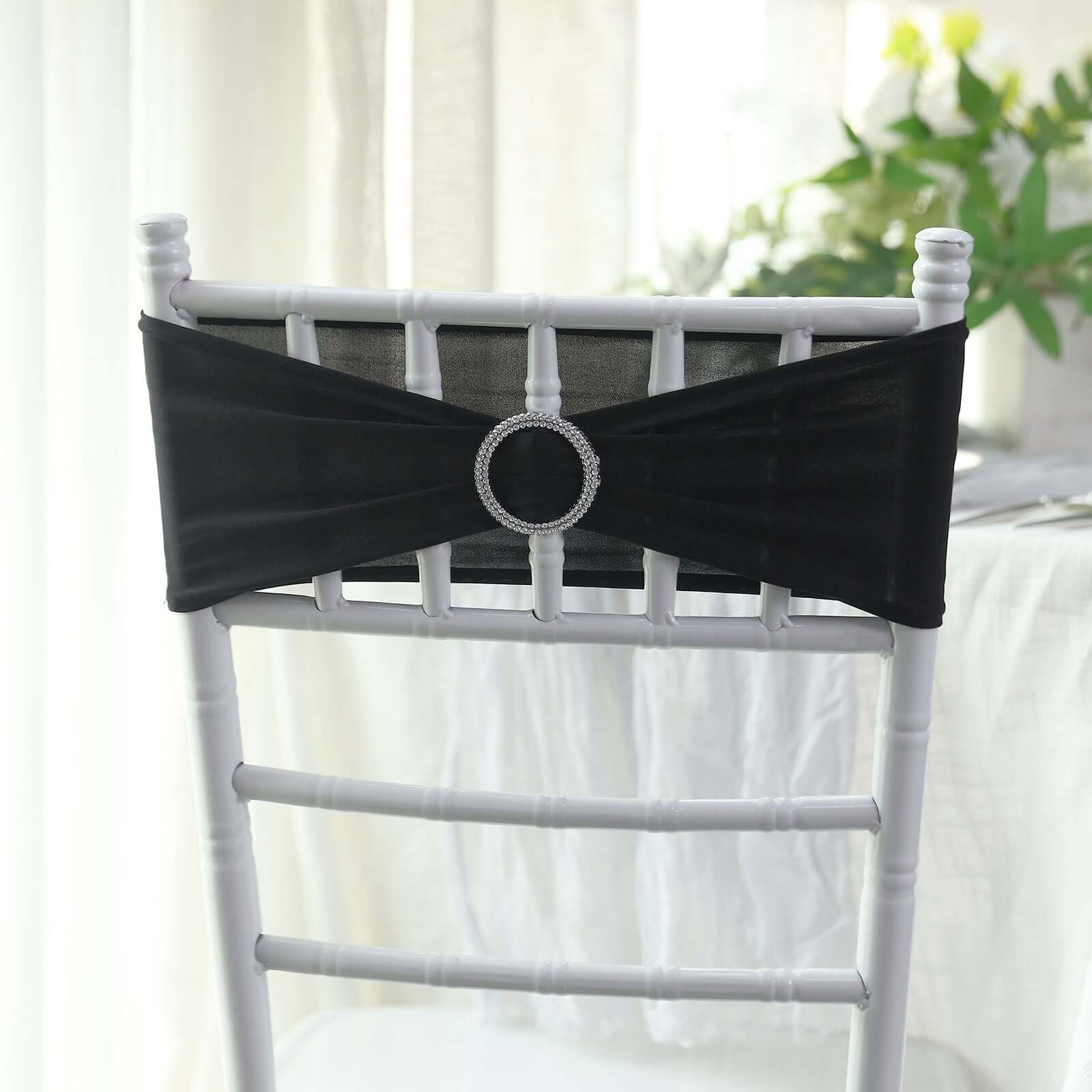 5 Pack Stretch Spandex Chair Sashes Black - Classy Reusable Chair Bands with Silver Diamond Ring Slide Buckle 5"x14"