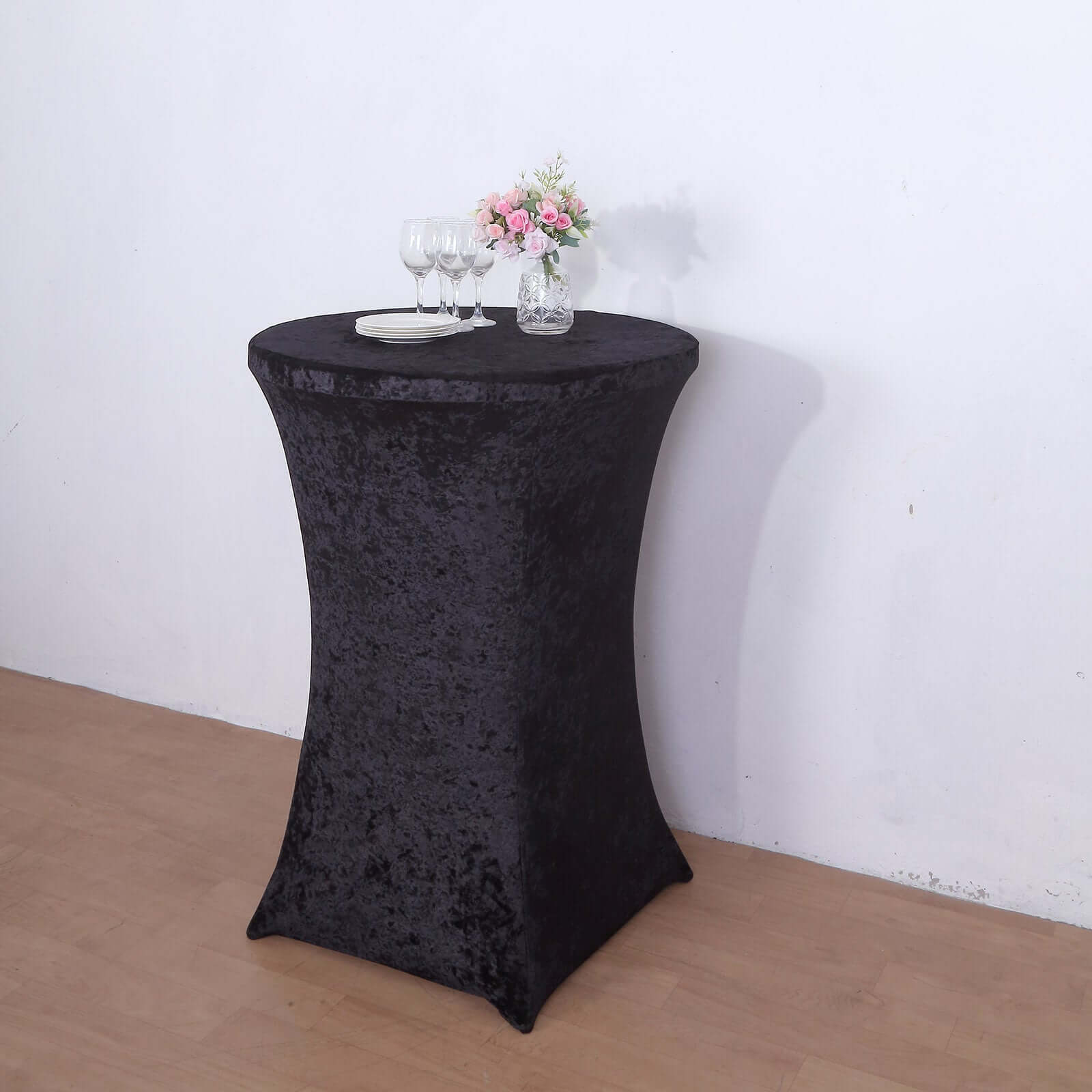 Crushed Velvet Spandex 30" Round Cocktail Table Cover Black Smooth Highboy Tablecloth