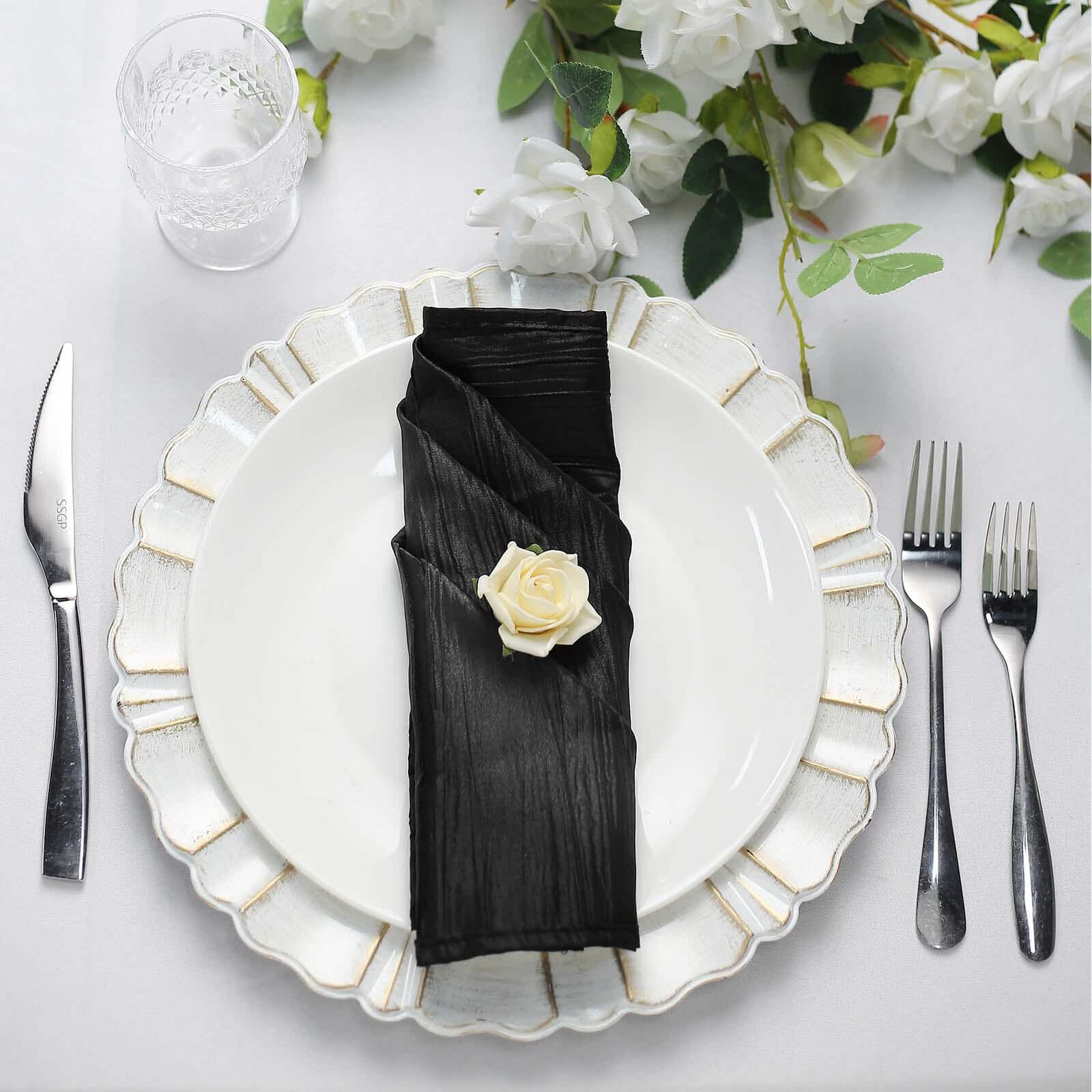 5 Pack Taffeta 20"x20" Napkins Black - Accordion Crinkle Dinner Napkins