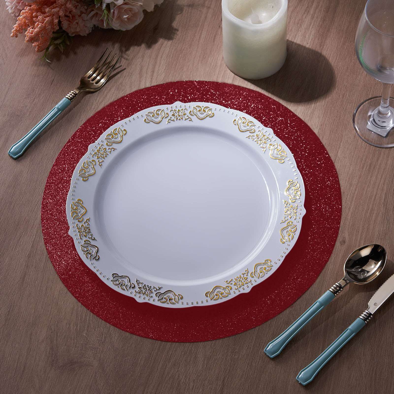 6-Pack Placemats Glitter Design Burgundy Sparkle Round - Non-Slip Decorative Dining Table Mats 13"