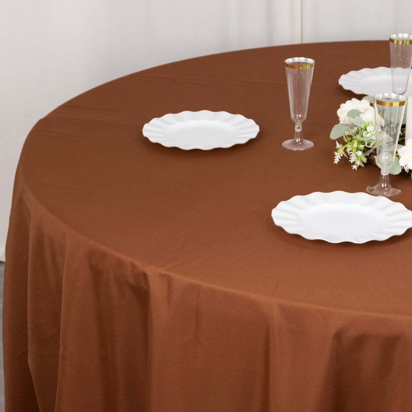 Polyester 132" Round Tablecloth Cinnamon Brown - Seamless Chic Table Cover