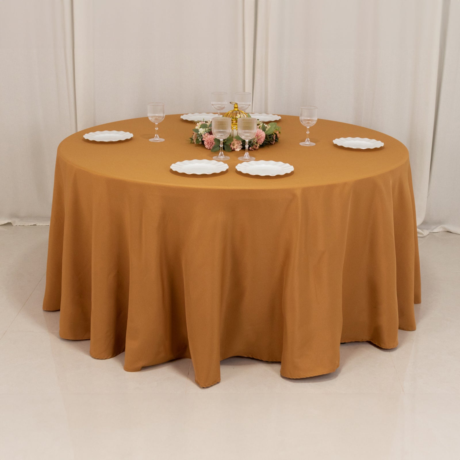Premium Polyester 120" Round Tablecloth Gold - Seamless 220GSM Wrinkle-Resistant Design for Classy Events