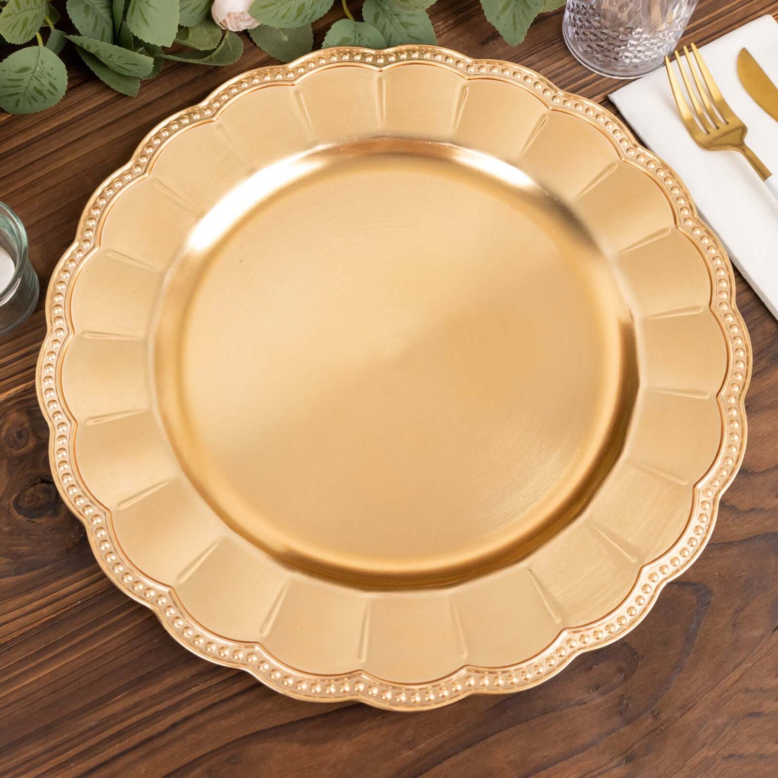 6-Pack Acrylic Round Charger Plates 13" in Metallic Gold with Beaded Sunflower Rim, Plastic Dinner Party Charger Tableware