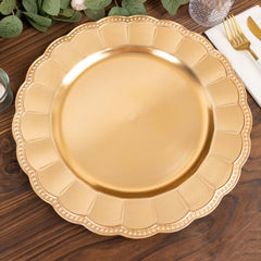 6-Pack Acrylic Round Charger Plates 13" in Metallic Gold with Beaded Sunflower Rim, Plastic Dinner Party Charger Tableware