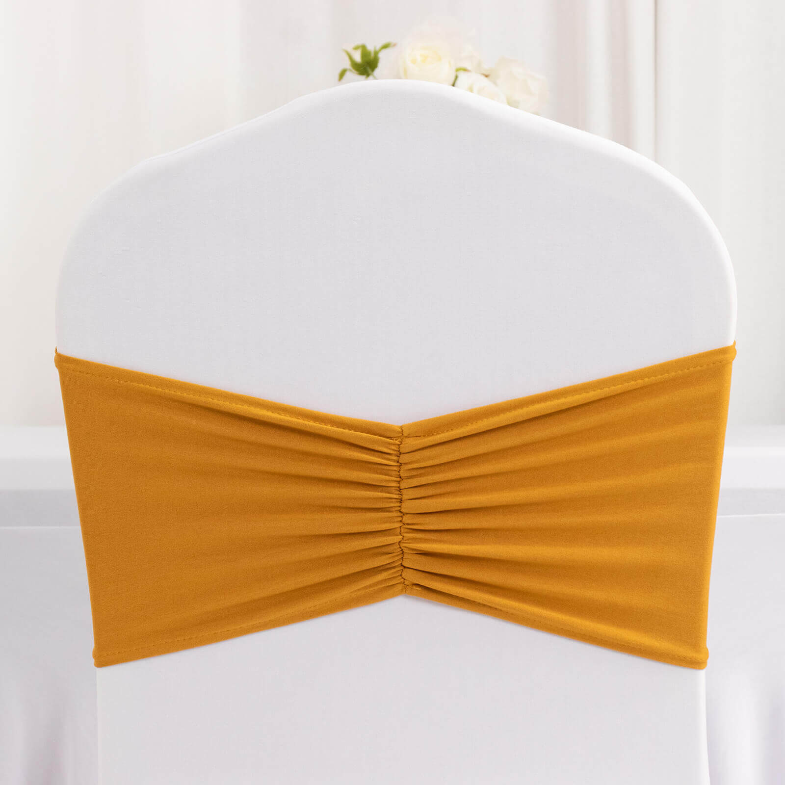5 Pack Spandex Chair Sashes Gold Ruffled Style - Wide Easy to Use Stretch Chair Bands for Classy Wedding and Event Decor 8"x13"