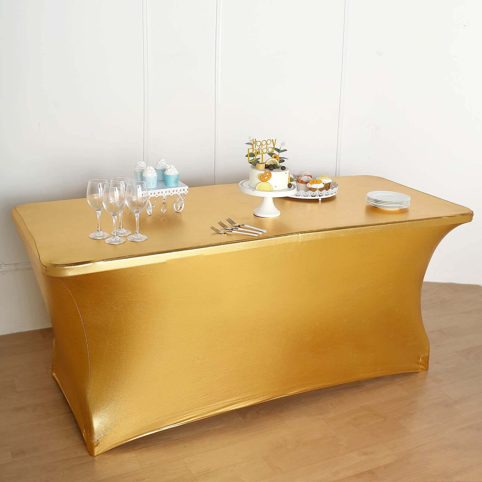 Stretch Spandex 72"x30" Rectangle Tablecloth Metallic Gold - Glamorous Form-Fitting Table Cover for Upscale Gatherings