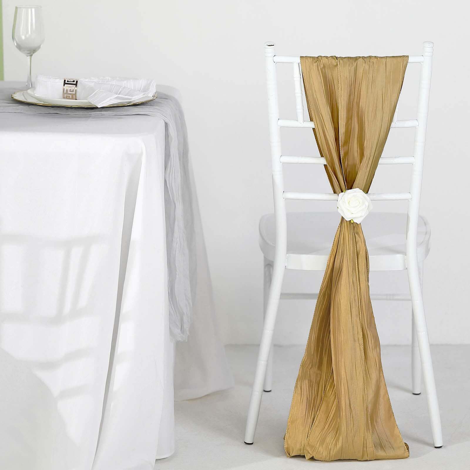 5 Pack Taffeta 6"x106" Chair Sashes Gold Accordion Crinkle Texture - Stylish Decor for Weddings & Gatherings