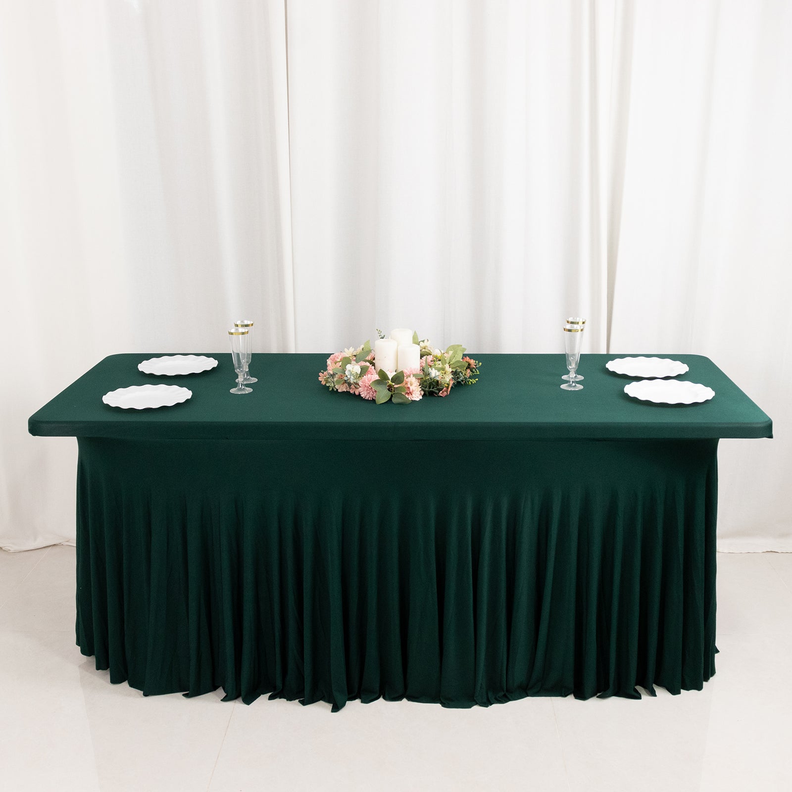 Spandex Rectangle 72"x30" Table Skirt Hunter Emerald Green with Wavy Skirt-Like Effect Table Cover
