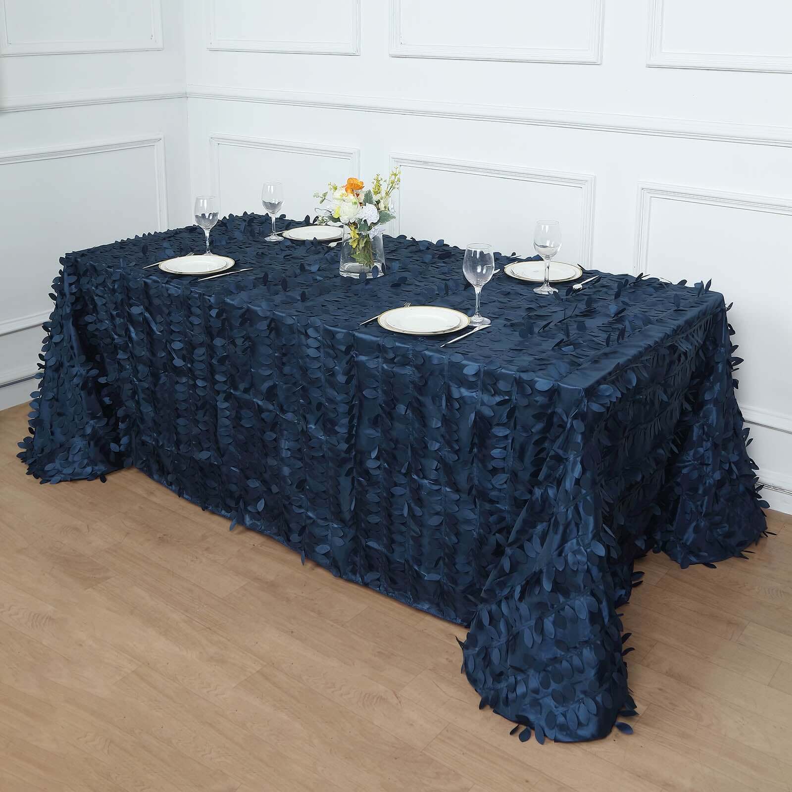 Taffeta 90"x156" Rectangle Tablecloth Navy Blue | 3D Leaf Petal Design Seamless Table Cover