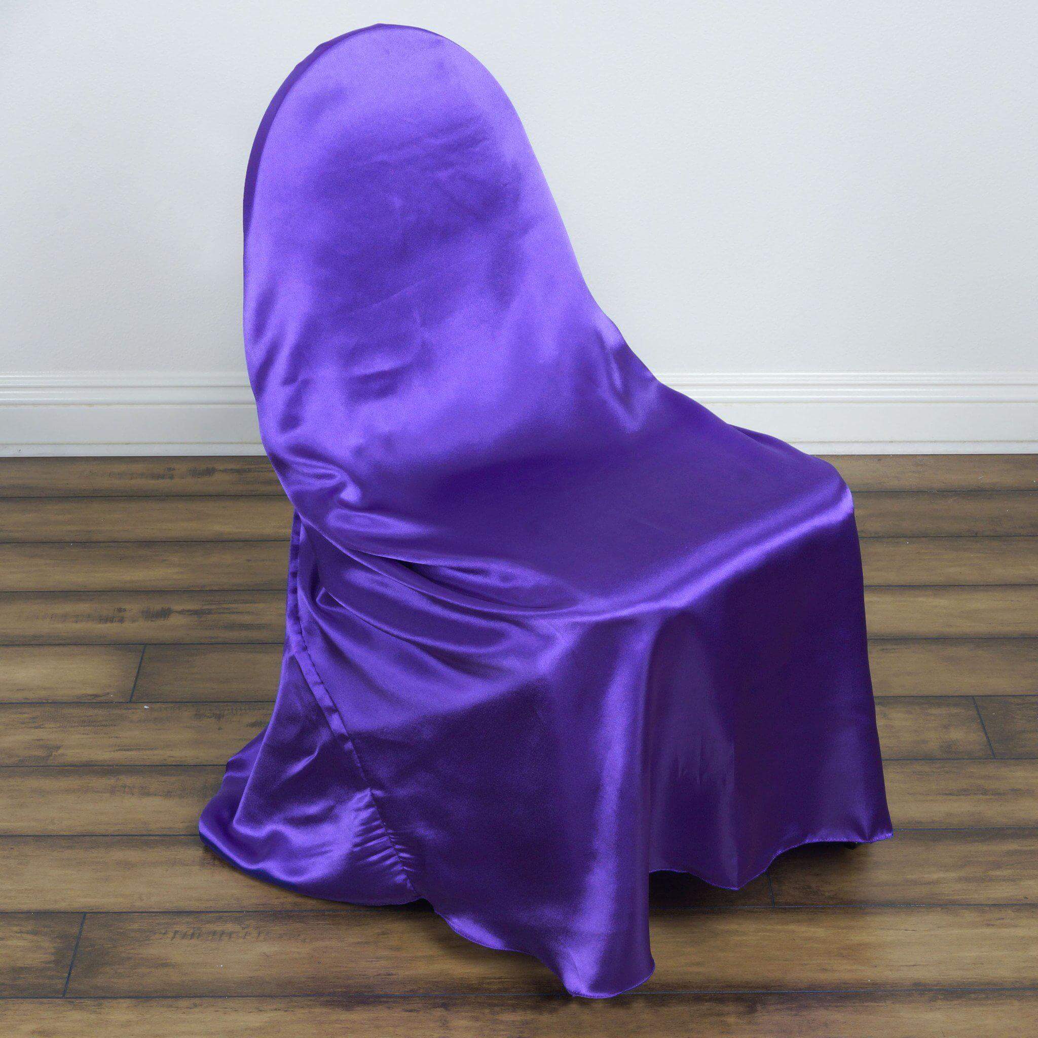 Satin Chair Cover Self-Tie Universal Design Purple - Durable Slip-On Cover for Folding, Dining, Banquet & Standard Chairs
