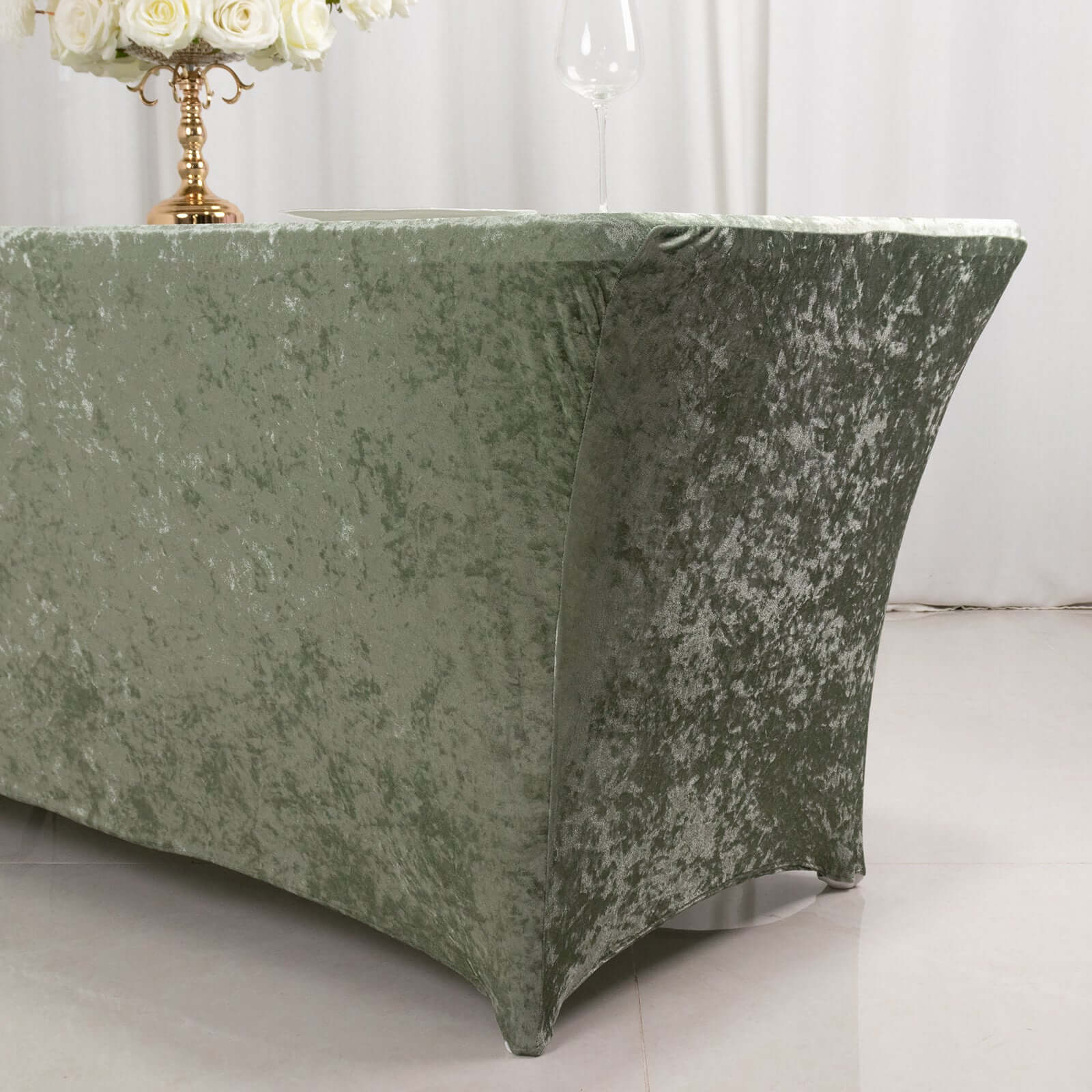 Crushed Velvet Fitted Rectangular 6ft Table Cover Sage Green - Wrinkle-Free Stretchy Tablecloth
