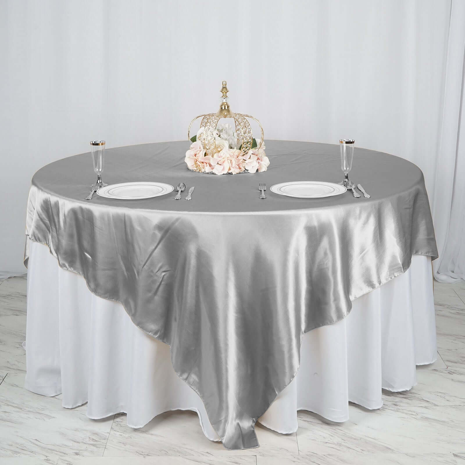 Satin 90"x90" Table Overlay Square Tablecloth Silver - Smooth Finish Table Topper