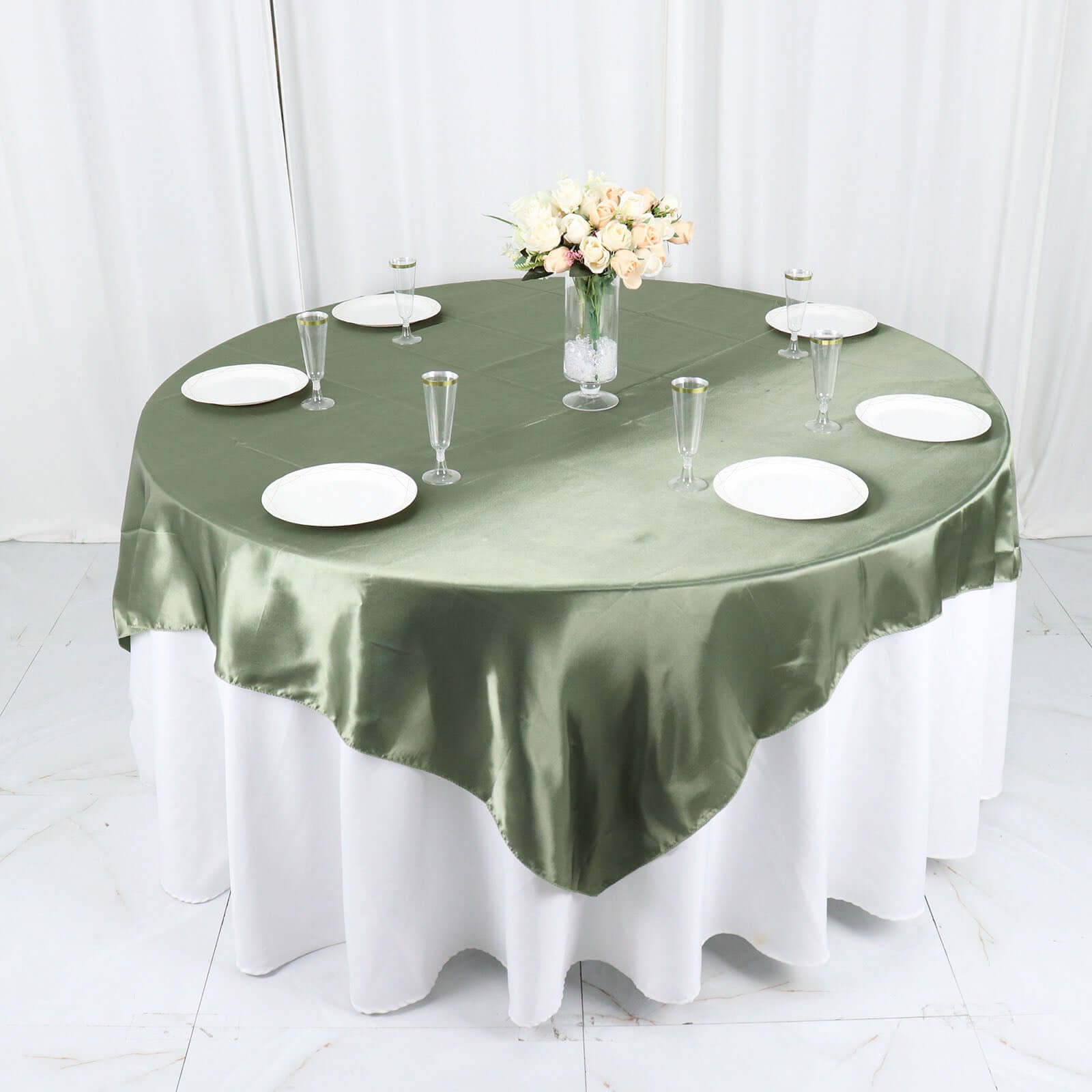 Satin 72"x72" Table Overlay Square Tablecloth Dusty Sage Green - Smooth Finish Table Cover