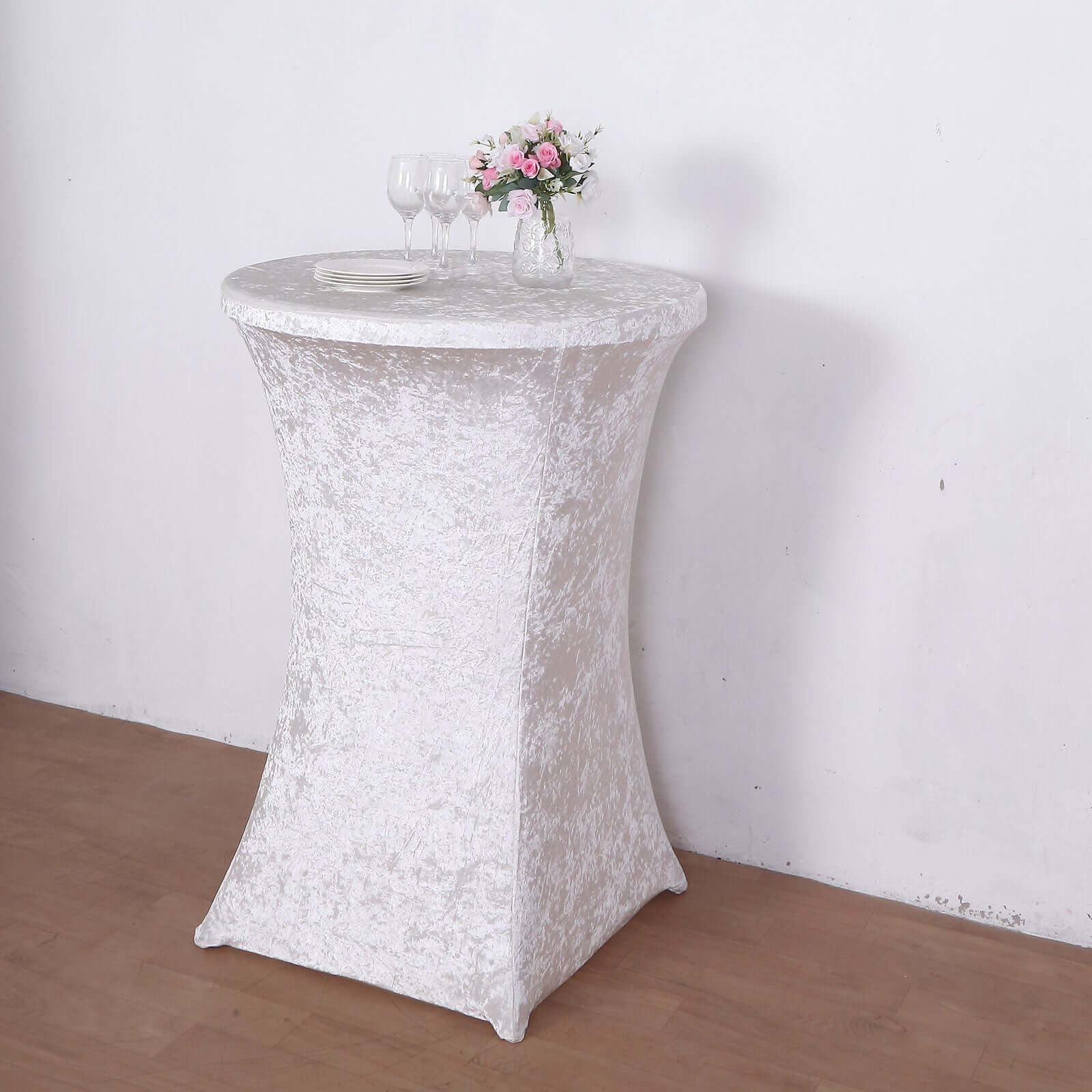 Crushed Velvet Spandex 30" Round Cocktail Table Cover White Smooth Highboy Tablecloth