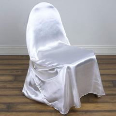 Satin Chair Cover Self-Tie Universal Design White - Durable Slip-On Cover for Folding, Dining, Banquet & Standard Chairs