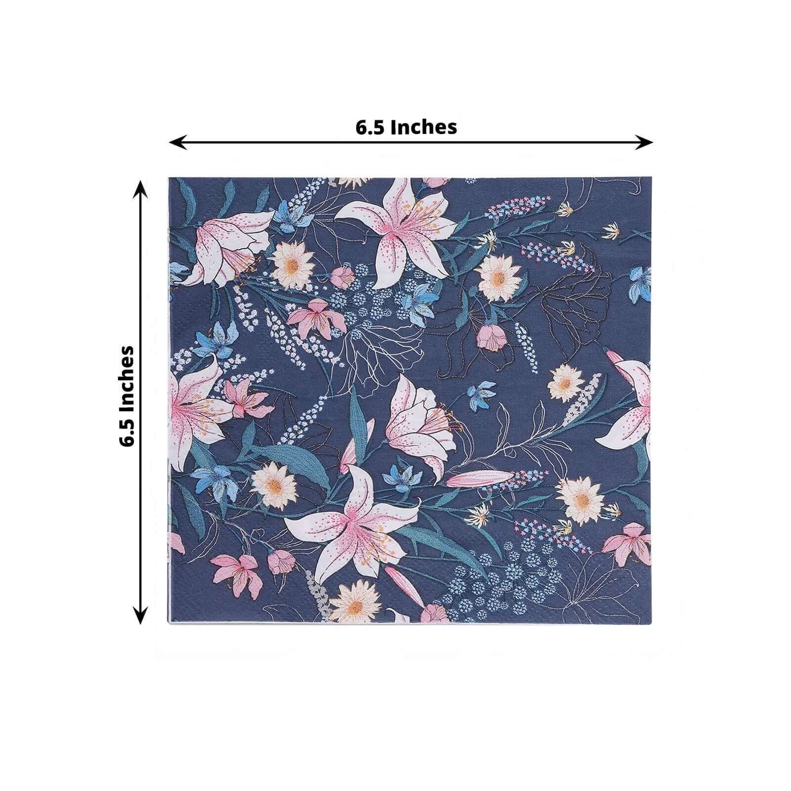 20-Pack Paper Beverage Napkins with Water Lily Floral Design Navy Blue - 2 Ply Soft 18GSM Wedding Napkins 6.5"x6.5"