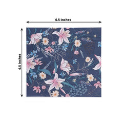 20-Pack Paper Beverage Napkins with Water Lily Floral Design Navy Blue - 2 Ply Soft 18GSM Wedding Napkins 6.5"x6.5"
