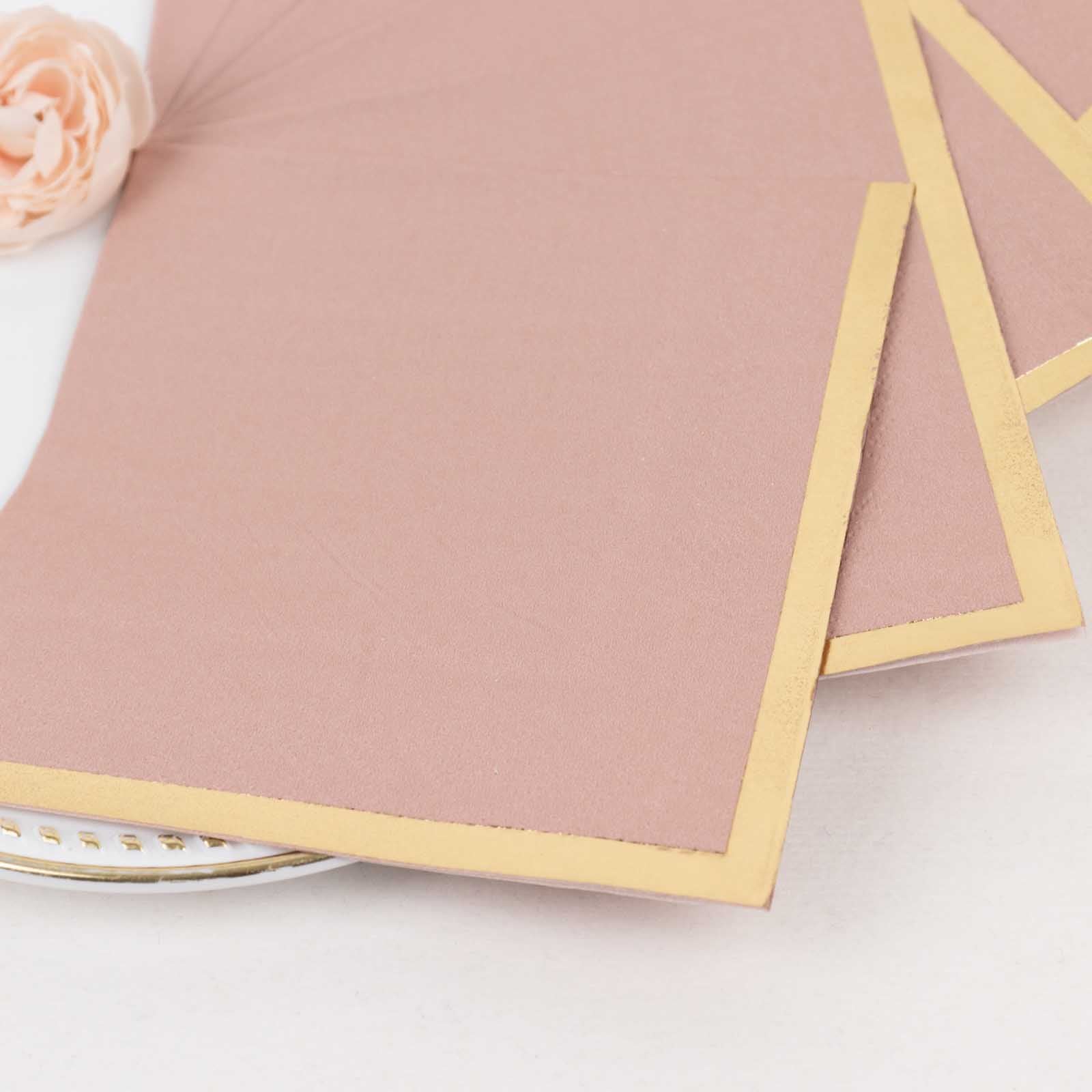 50-Pack Paper Beverage Napkins Dusty Rose with Gold Foil Edge - 2 Ply Disposable Soft 18GSM Cocktail Napkins 5"x5"