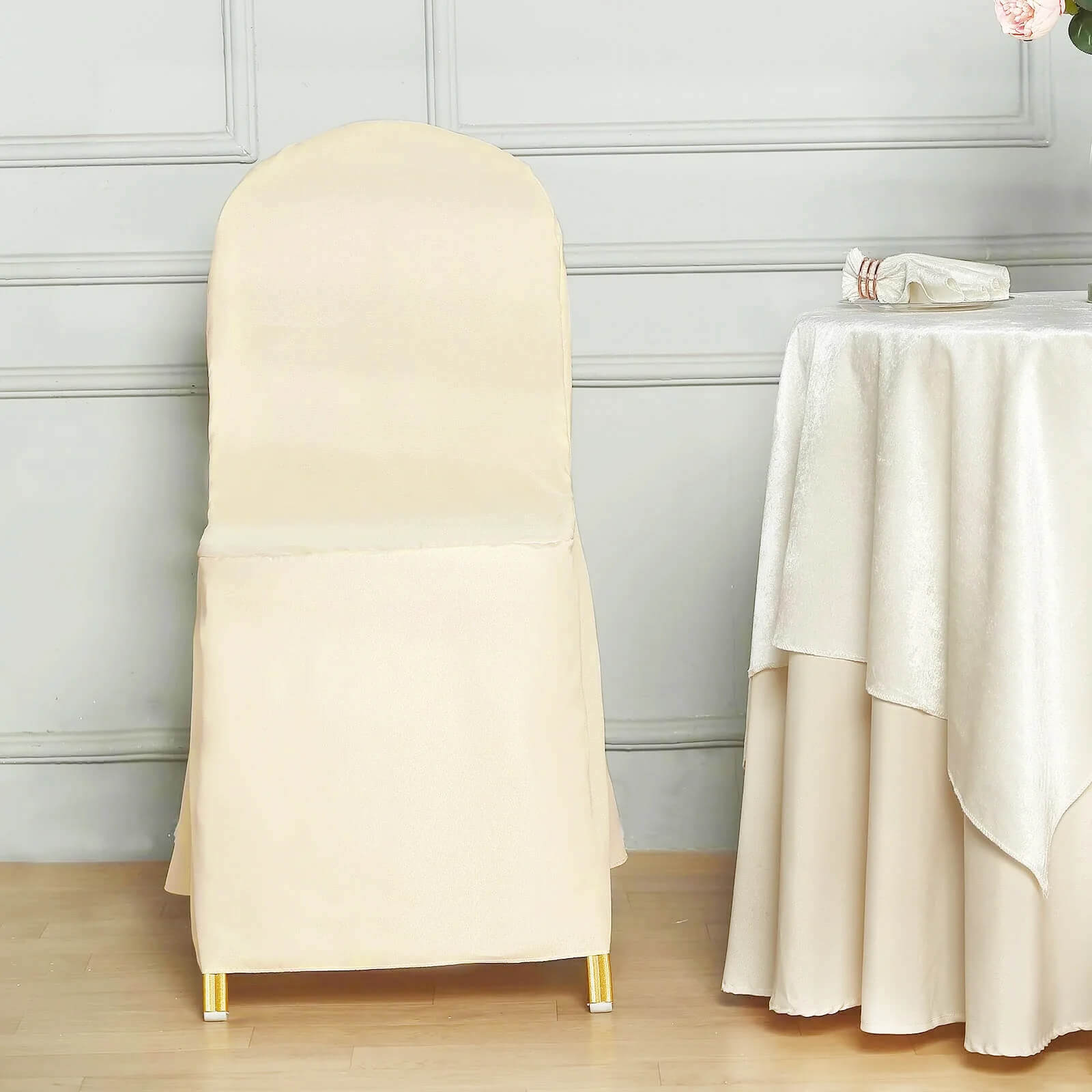 10 Pack Polyester Chair Cover for Banquet Chairs Beige - Stain-Resistant Reusable Slip-On Slipcover