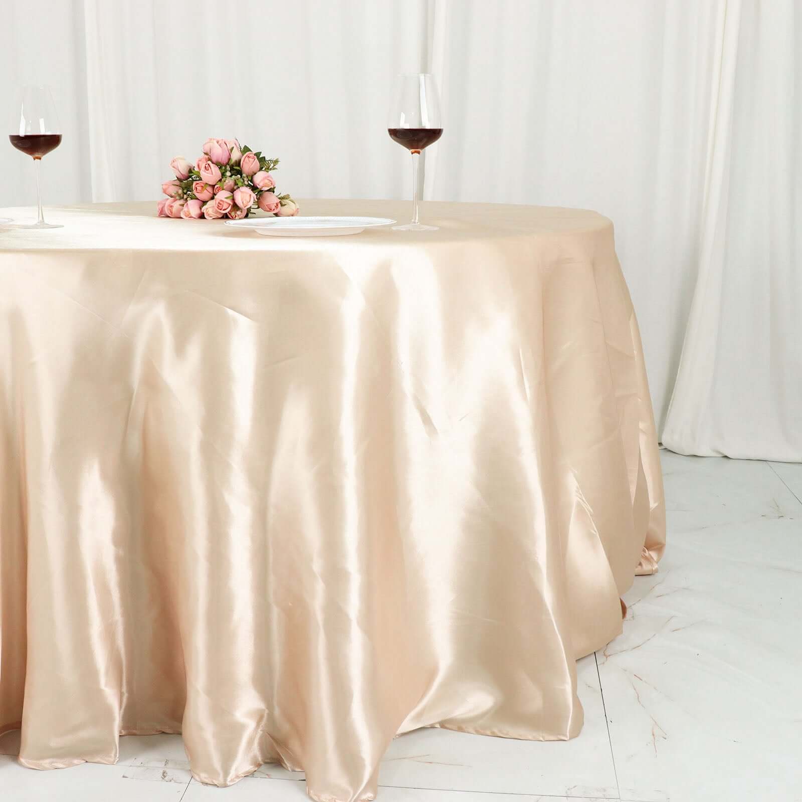 Satin 132" Round Tablecloth Beige - Stylish Seamless Table Cover