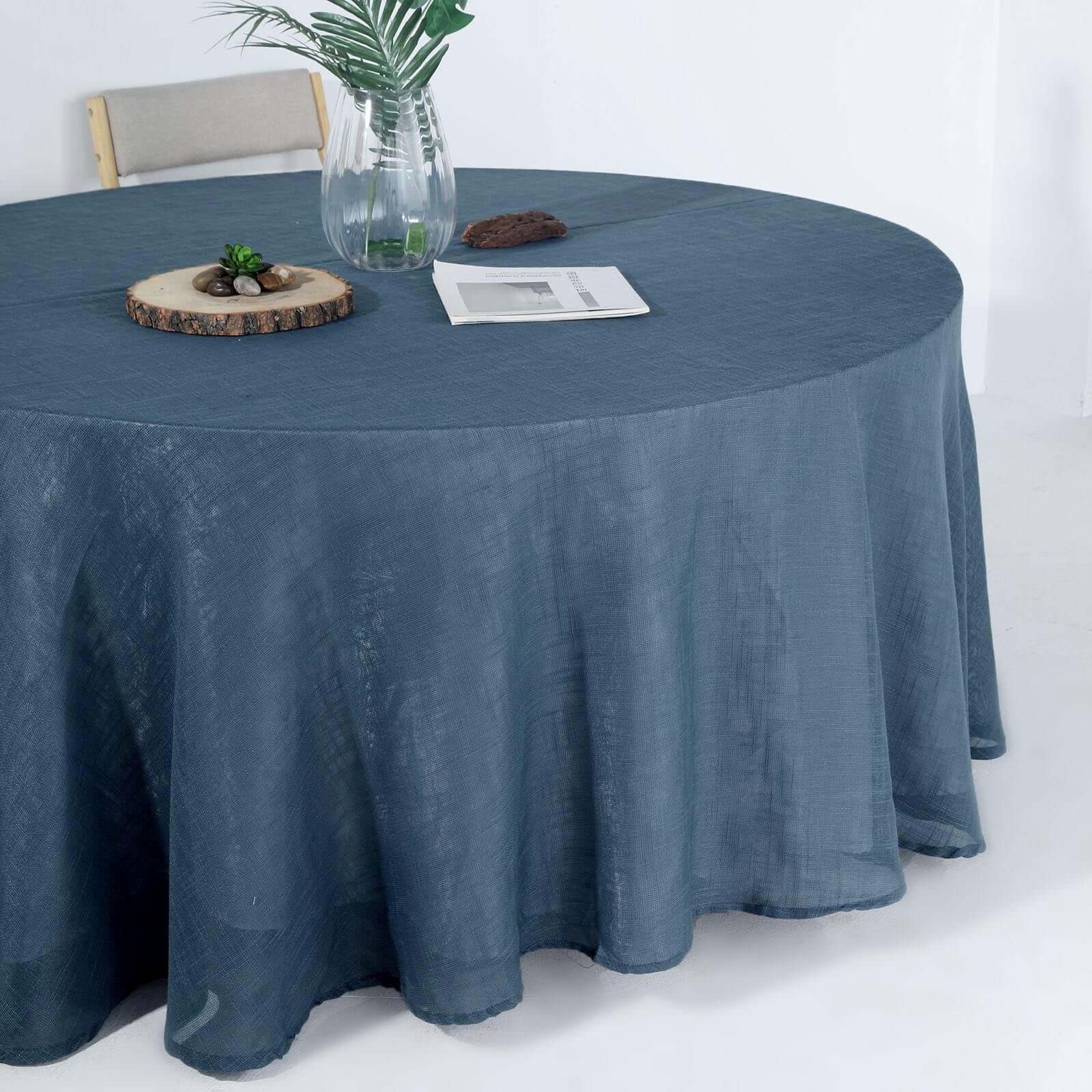 Faux Linen 120" Round Tablecloth Blue - Slubby Texture Wrinkle-Resistant Seamless Table Cover