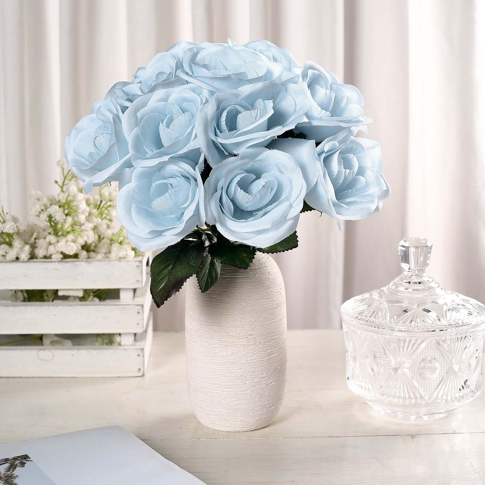 12" Ice Blue Artificial Velvet-Like Fabric Rose Flower Bouquet Bush