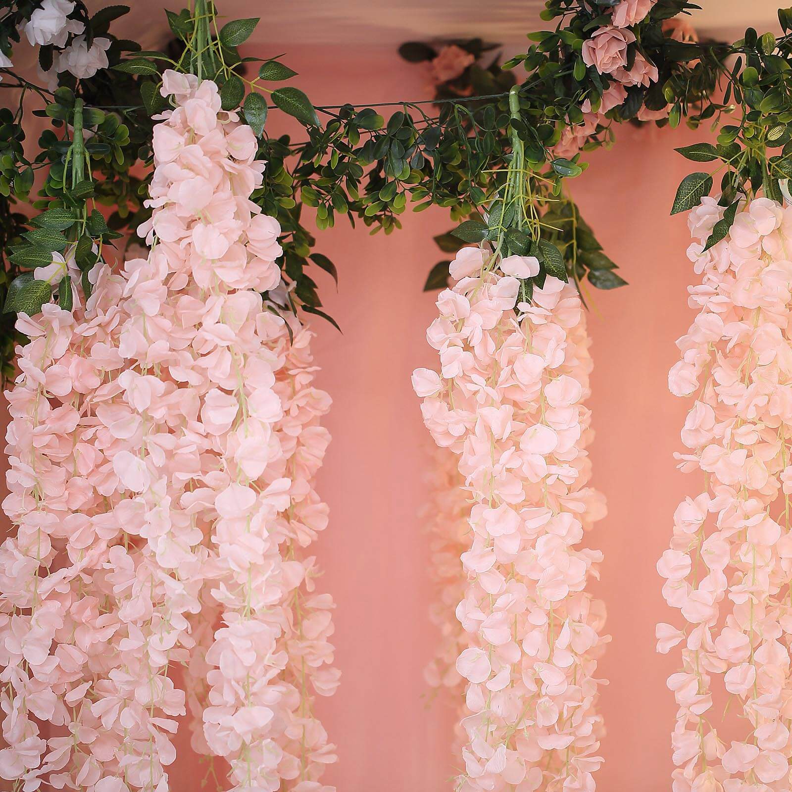 42" Silk Hanging Wisteria Flower Garland Vines in Blush, Elaborated 5 Full Strands in 1 Bush