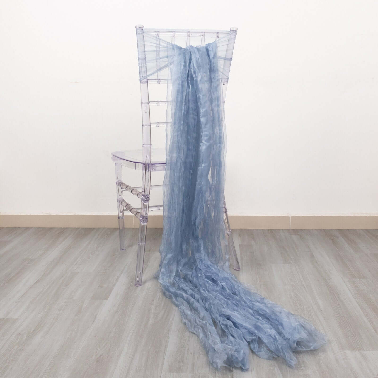 5 Pack Crinkled Organza Chair Sashes Dusty Blue with Shimmer Chiffon Layers - Stylish Sheer Decor