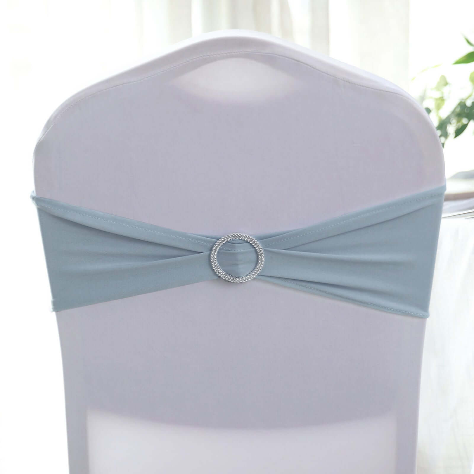 5 Pack Stretch Spandex Chair Sashes Dusty Blue - Reusable Chair Bands with Silver Diamond Ring Slide Buckle 5"x14"
