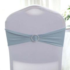 5 Pack Stretch Spandex Chair Sashes Dusty Blue - Reusable Chair Bands with Silver Diamond Ring Slide Buckle 5"x14"