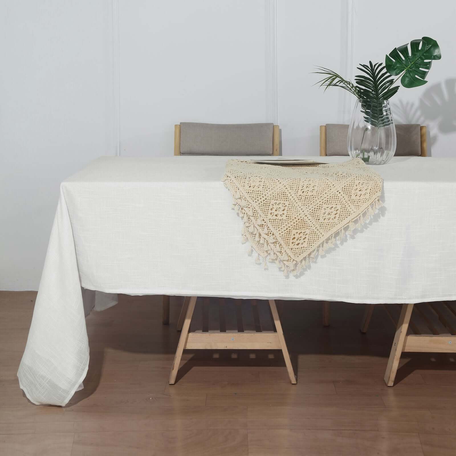 Faux Linen 60"x126" Rectangular Tablecloth White - Slubby Textured & Wrinkle Resistant for Weddings and Special Events