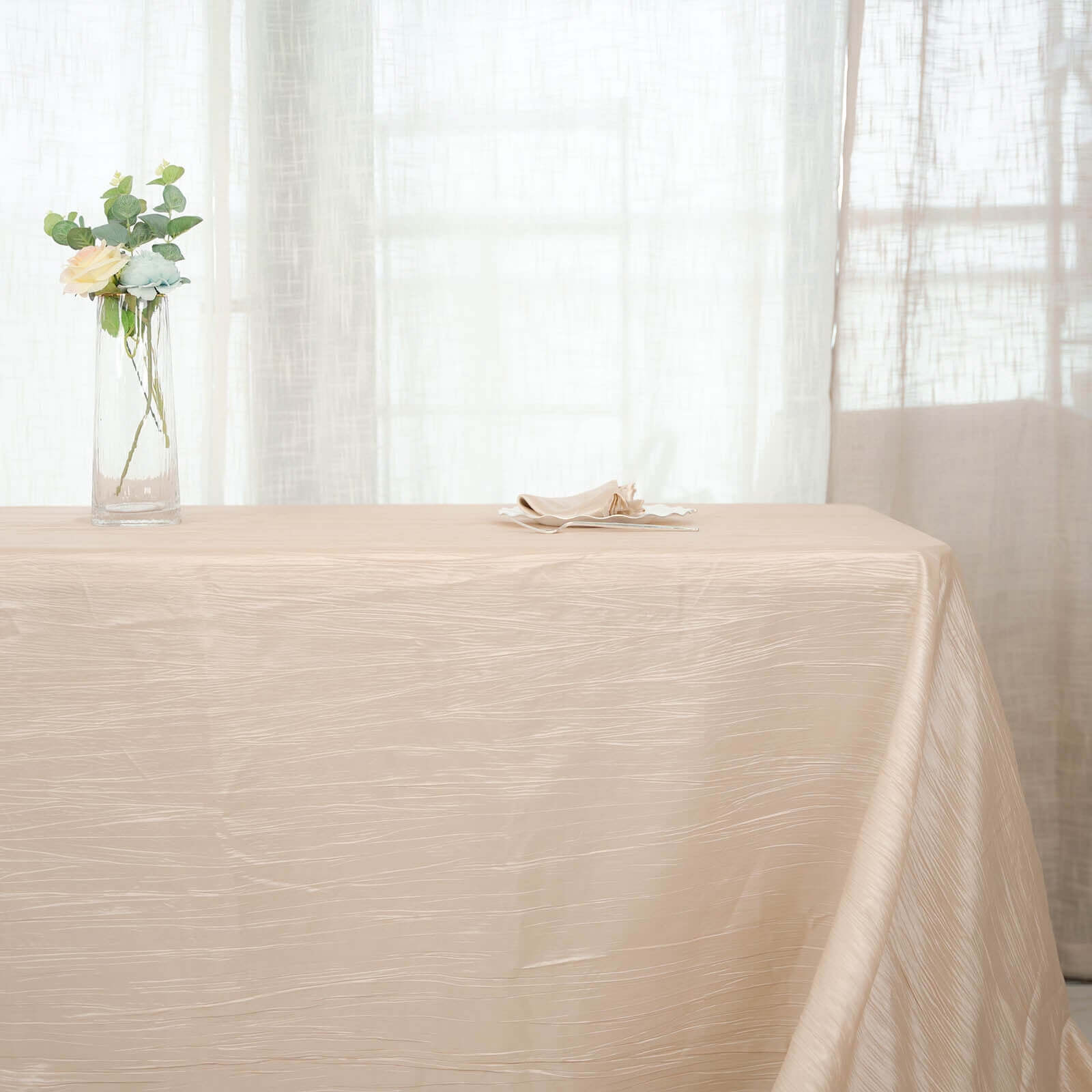 Taffeta 90"x156" Rectangle Tablecloth Beige - Accordion Crinkle Seamless Table Cover
