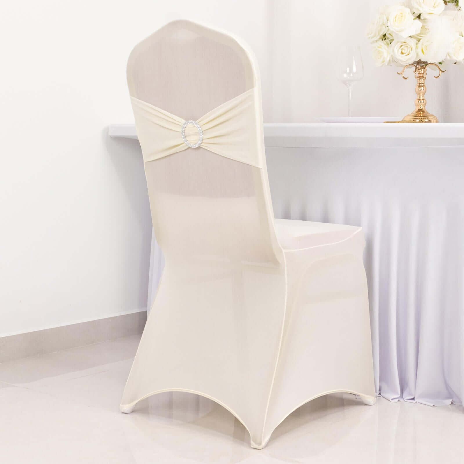 Spandex Chair Cover with Silver Rhinestone Buckled Sash Band Ivory - Stretch Fitted Slipcover