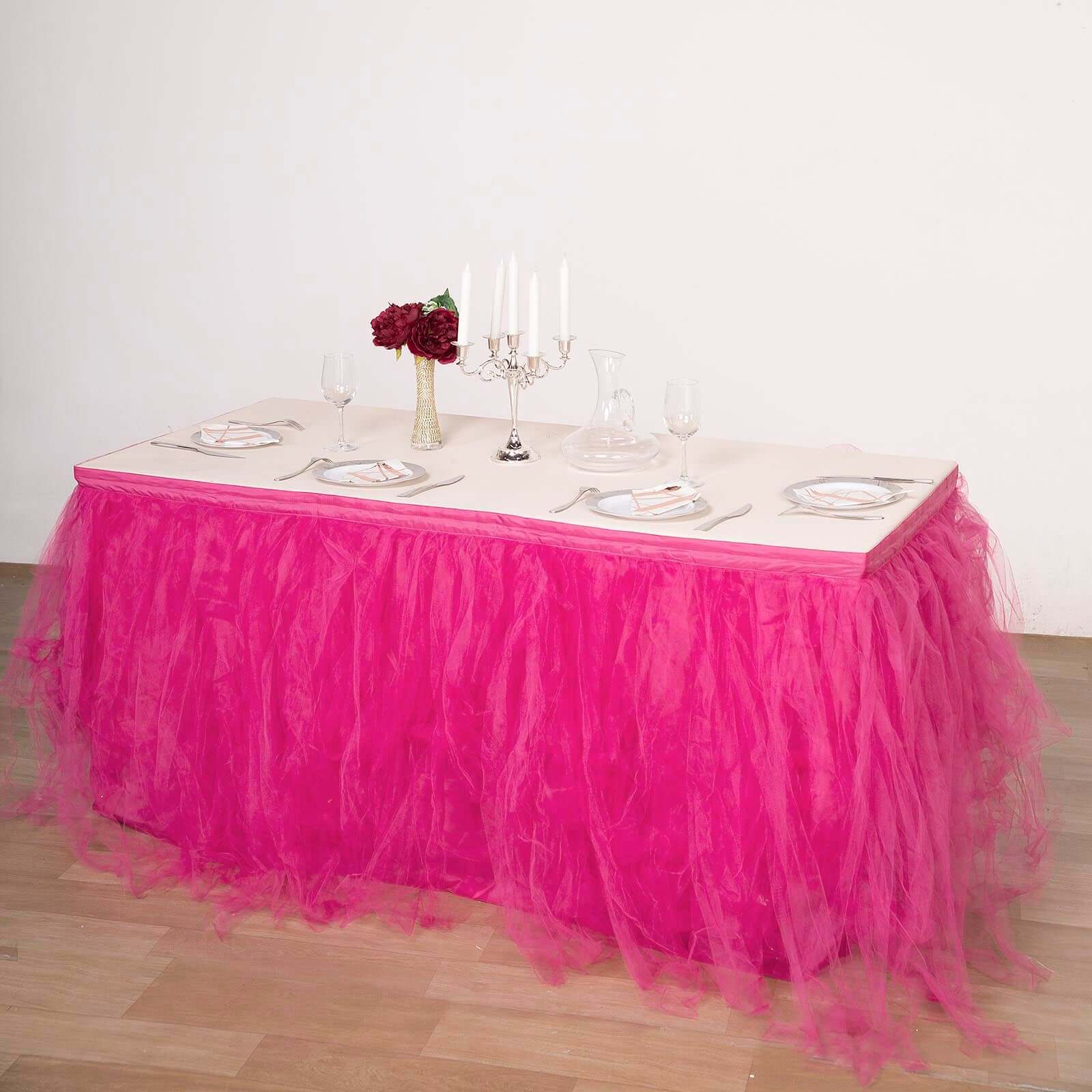 Tulle 14ft Table Skirt Fuchsia - 4 Layer Pleated Tutu Table Cover