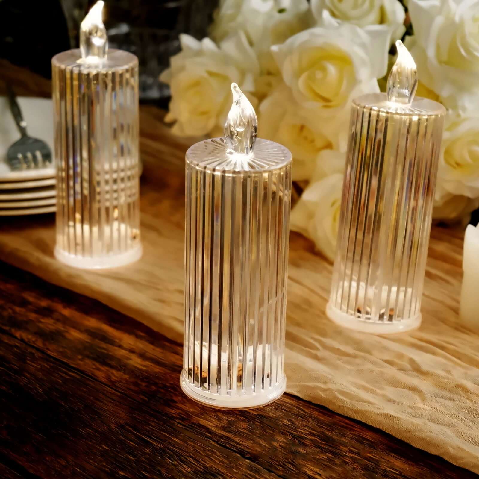 3-Pack LED Flameless Candle Lamps Diamond Acrylic Design Clear Warm White - Battery Operated Pillars 6"