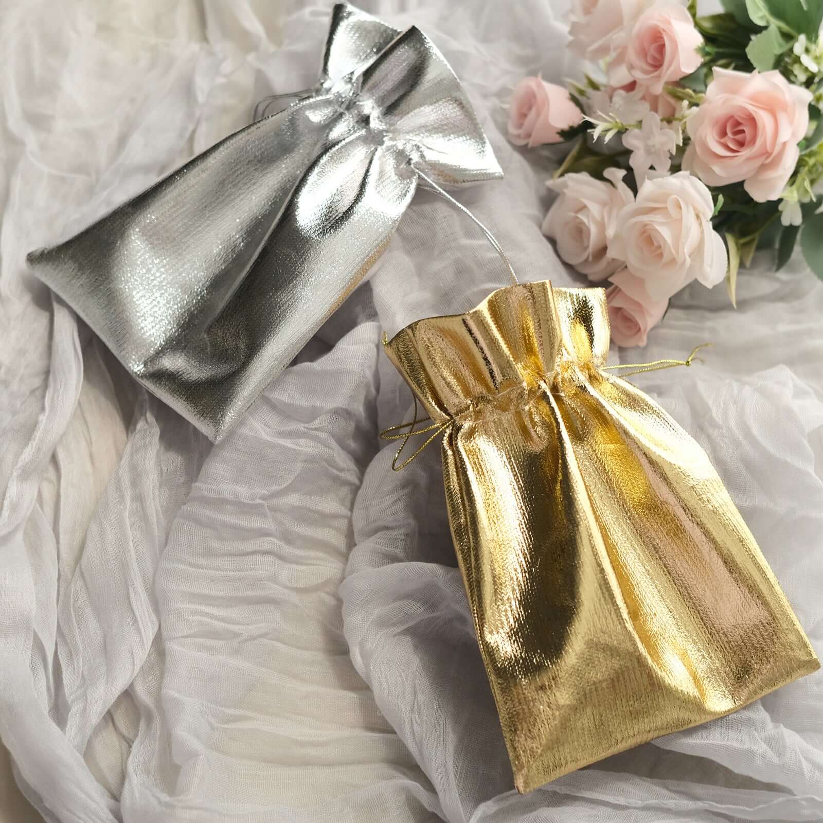 10 Pack Metallic Gold Lame Polyester 5"x7" Party Favor Gift Bags, Shiny Fabric Drawstring Candy Pouch