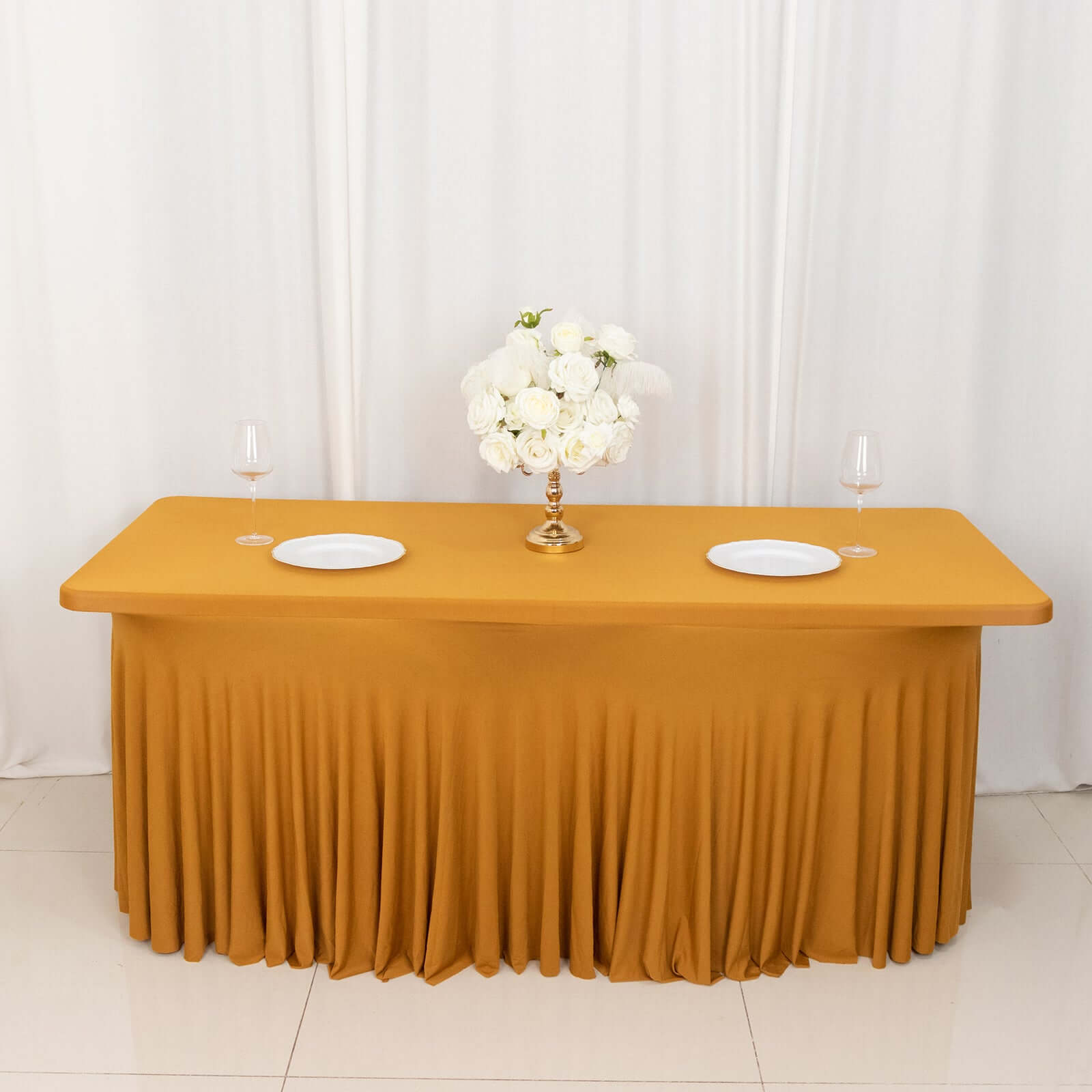 Spandex Rectangle 72"x30" Table Skirt Gold with Wavy Skirt-Like Effect Stylish Table Cover for Weddings, Banquets & Trade Shows