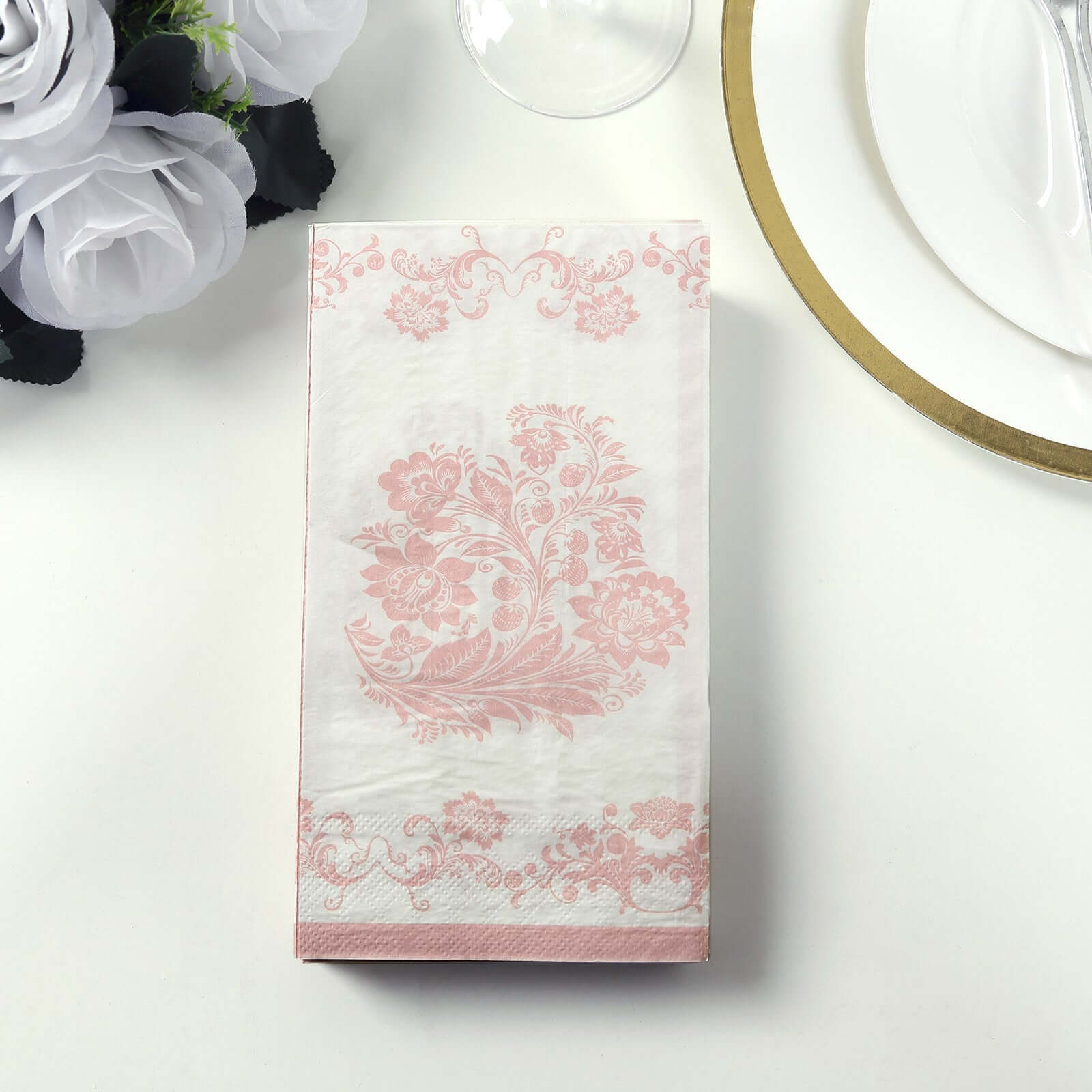 50-Pack Paper Dinner Napkins White with Pink Damask Floral Pattern 2-Ply - Stylish Disposable Napkins for Parties