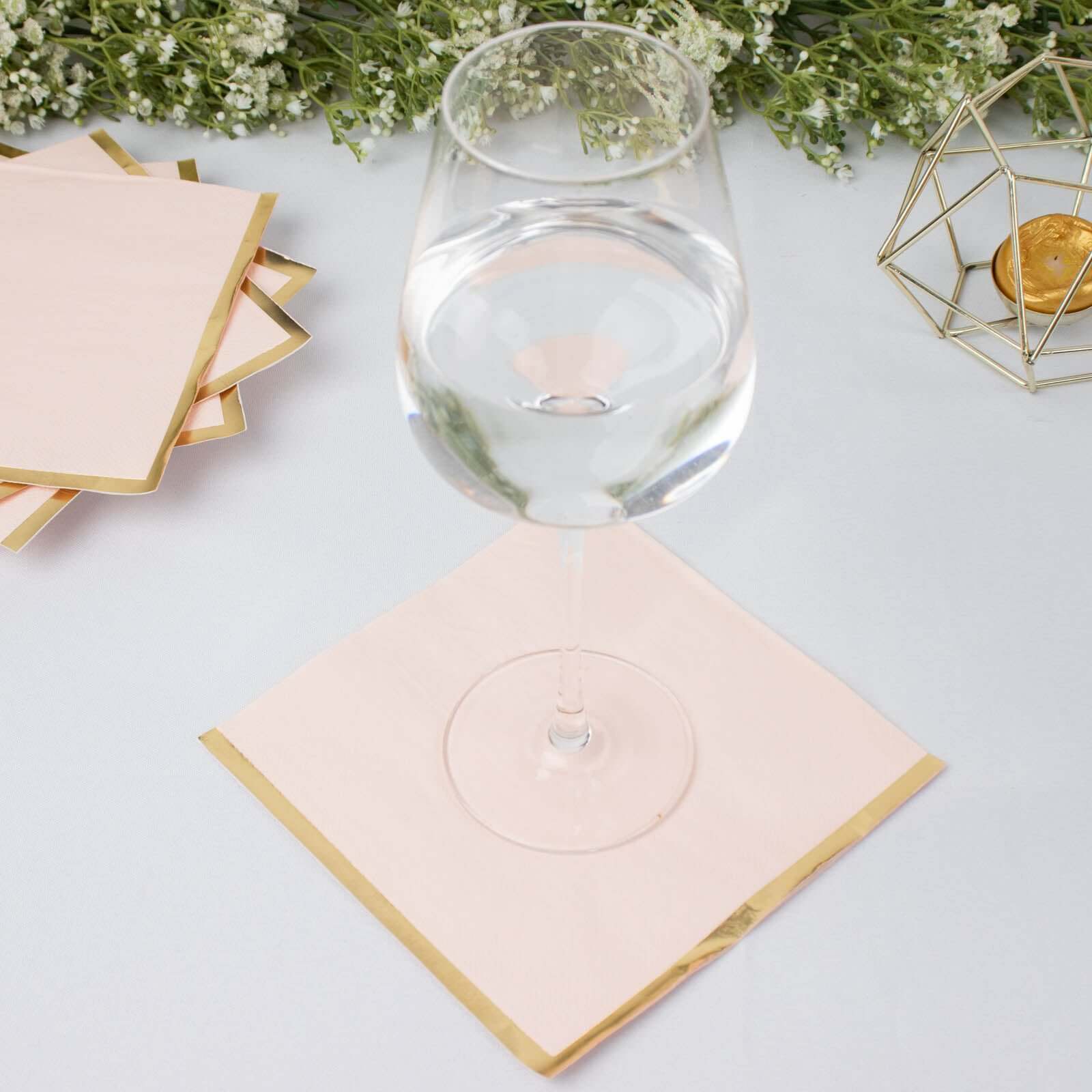 50-Pack Paper Beverage Napkins with Gold Foil Edge Blush - Disposable 2 Ply Cocktail Napkins for Events 6.5"x6.5"
