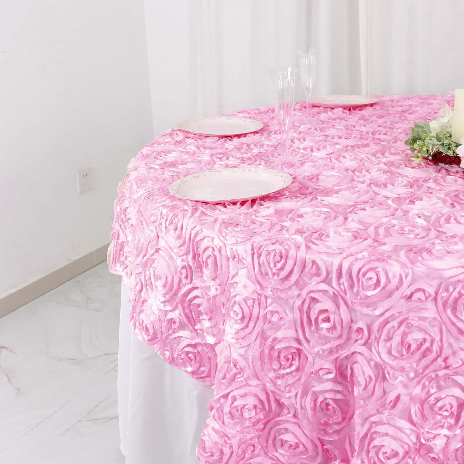 Satin 72"x72" Table Overlay Square Tablecloth Pink - 3D Rosette Table Cover