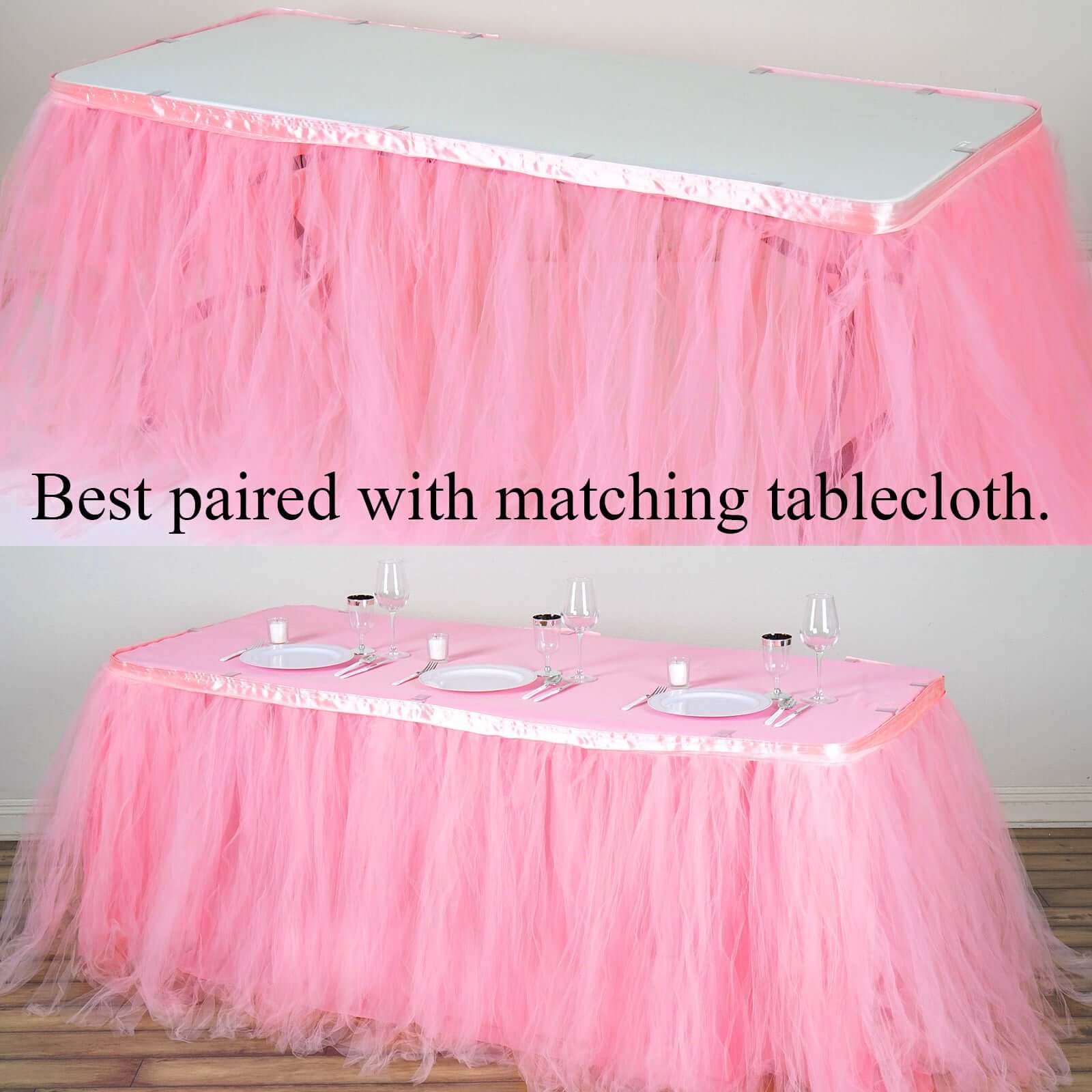 Tulle 21ft Table Skirt Pink/Rose Quartz - 4 Layer Pleated Tutu Table Cover