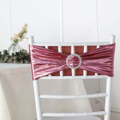 5 Pack Metallic Spandex Chair Sashes Rose Gold - Stretch Fit Chair Bands With Round Diamond Buckles