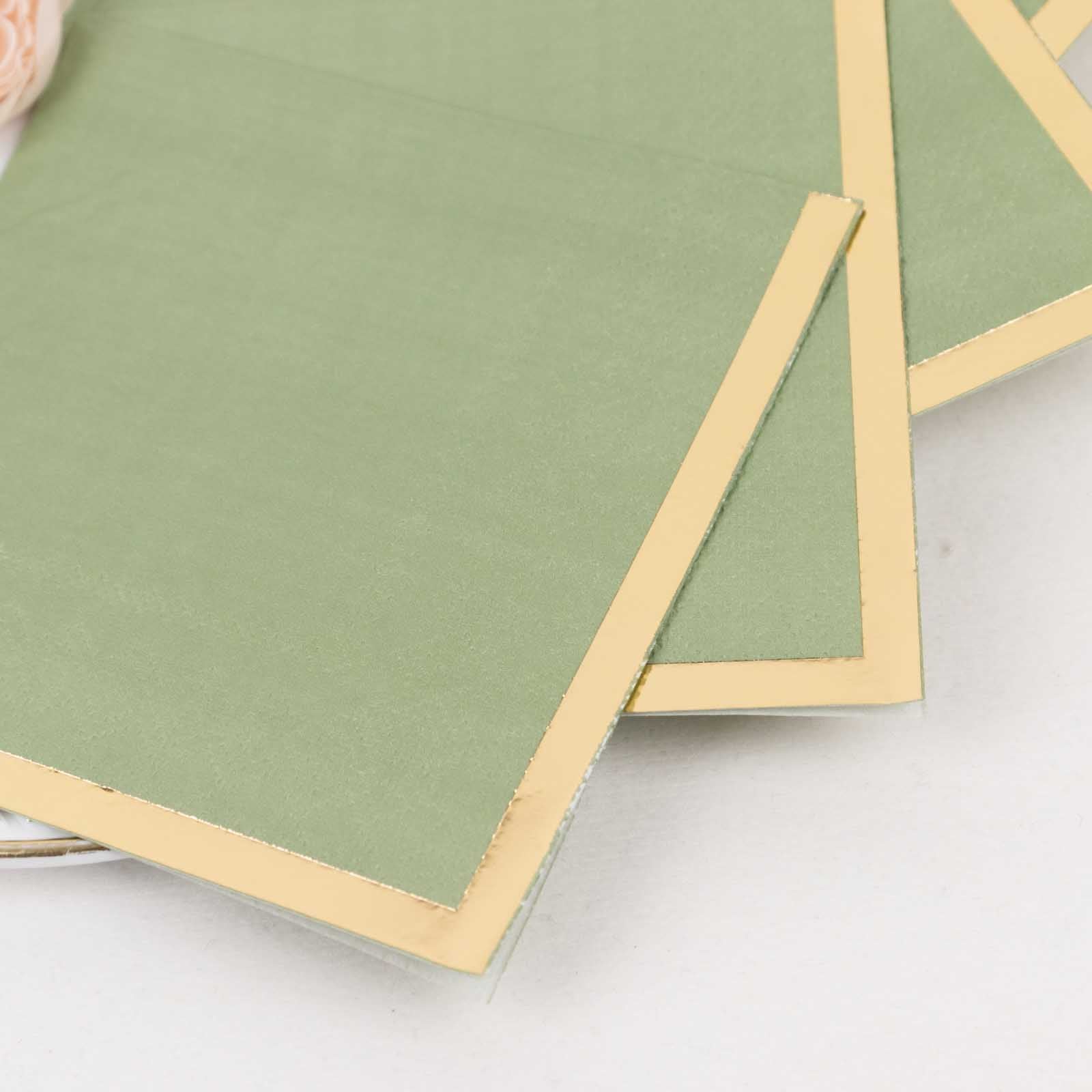 50-Pack Paper Beverage Napkins Sage Green with Gold Foil Edge - 2 Ply Disposable Soft 18GSM Cocktail Napkins 5"x5"