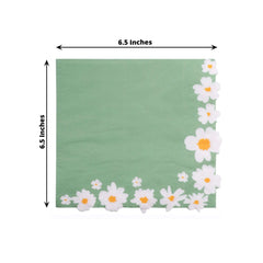 20-Pack Paper Beverage Napkins with Daisy Flower Design Sage Green - 2 Ply Soft 18GSM Floral Wedding Napkins 6.5"x6.5"